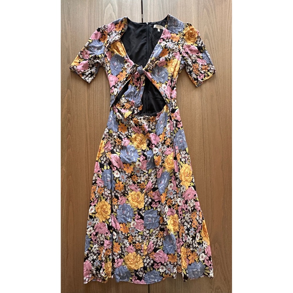WAYF Rosland Women Floral Cutout Front Tie Midi Dress Black Yellow Blue Size M
